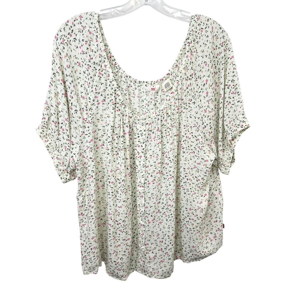 Levis XXL Top Plus Sz 2X White Pink Ditsy Floral Western Country Cottagecore 682
